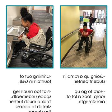 Four images showing a young woman in a wheelchair using accessible facilities