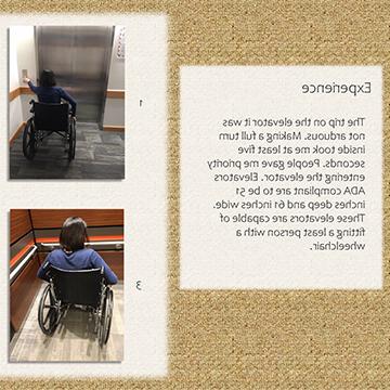 Four images showing a young woman in a wheelchair using an elevator