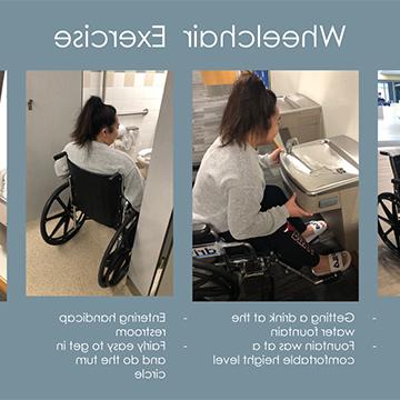 Four images showing a young woman in a wheelchair buying a cup of coffee and attempting open a door