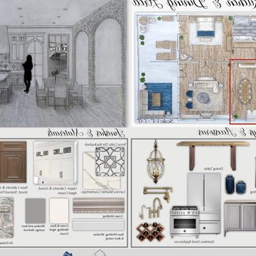 Design board for a kitchen and dining area showing light fixtures and color choices