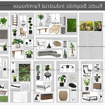 Mood board with the title "Rustic Biophilic Industrial Farmhouse